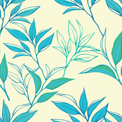 Floral seamless pattern with tea leaves. Hand drawn tea leaves background. Vector illustration. For textile, paper, decoration and wrapping