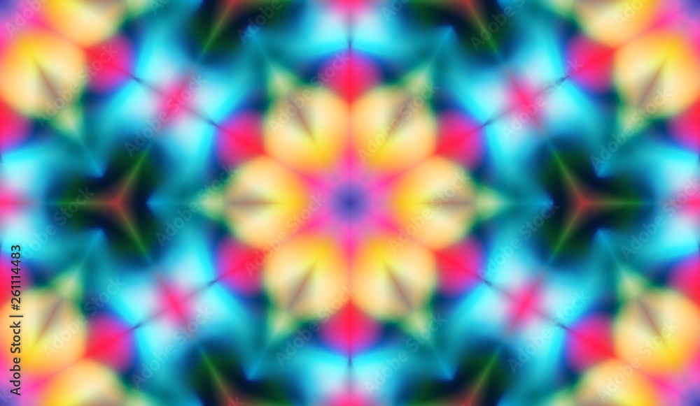 Poster Abstract seamless pattern with kaleidoscope. Symmetric patterns of reflections of figures.