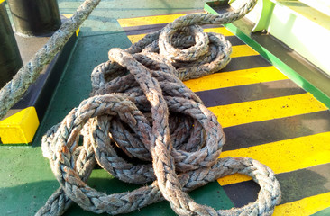 The sea rope on the deck of the ship