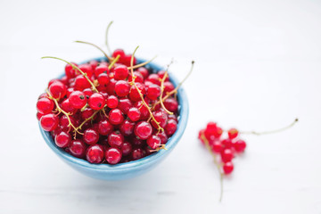 Juicy berries of red currant in a blue small bowl on a white wooden table, closeup, soft focus