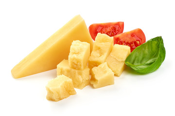 Cheese, basil and sliced juicy tomatoes, close-up, isolated on white background