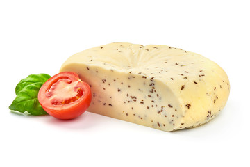 Fresh Feta Cheese with cumin seeds, close-up, isolated on white background