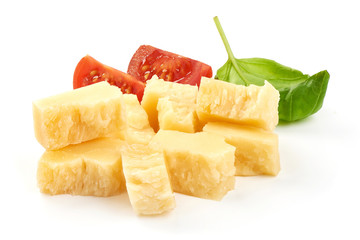 Pieces of parmesan cheese, close-up, isolated on white background