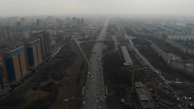 Top view of a major road in the city. Moscow, MKAD. Aerial view 4K