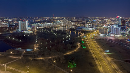 Fototapeta premium View of Night Minsk, Belarus. Drone aerial photo