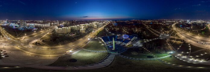 Night Minsk, Belarus. Equirectangular panorama 360°. Drone aerial photo
