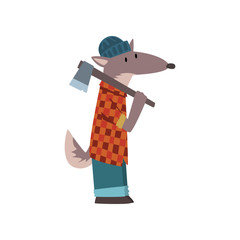 Wolf Lumberjack with Axe, Cute Humanized Animal Cartoon Character Vector Illustration