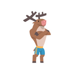 Muscular Elk Athlete Standing with Folded Arms, Cute Humanized Animal Cartoon Character Vector Illustration