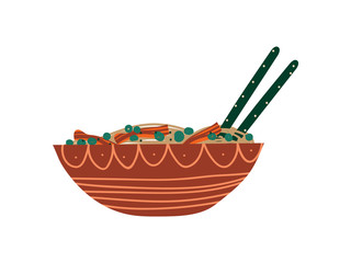 Ceramic Bowl of Noodles Soup with Chopsticks, Traditional Chinese or Japanese Food, Ramen Noodles Vector Illustration