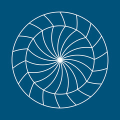 Twirling spin circle. Circular geometric pattern with moving effect of rotation. Optical symbol with stroked lines on color background.