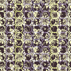 Fototapeta na wymiar Floral seamless pattern. Vector illustration of linked chain circles, abstract leaves, flowers, petunias and daisies in white, yellow, lilac, purple and black. Designed for fashion, fabric, home decor