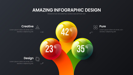 Business 3 option infographic presentation vector 3D colorful balls illustration. Corporate marketing analytics data report design layout. Company statistics information graphic visualization template