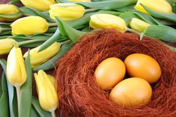 Naturalnie barwione jajka otoczone żółtymi tulipanami