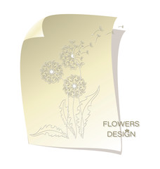 Delicate dandelions. Flying in the wind. Flower design. Banner, poster, card with silhouettes of dandelions on a sheet of paper. Flying parachutes dandelion.