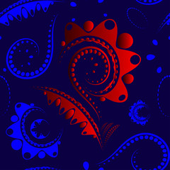 Red large flower on a blue background with melkini details and drawing.