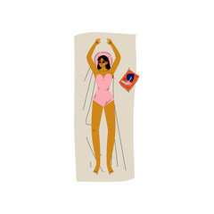 Beautiful Girl Lying on Her Towel and Sunbathing, Young Woman Relaxing on Beach on Summer Vacations Vector Illustration