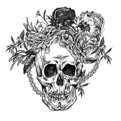 Vector Skull with roses, chains and wildflowers Day of The Dead