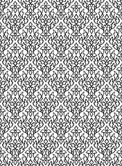 Woodblock printed seamless ethnic floral damask pattern. Traditional oriental ornament of India Kashmir, geometric leaves and flowers ogee, black on white background. Textile design.