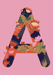 Letter with flowers vector illustration. Modern drawing of letter A in vibrant colors. Stylised alphabet