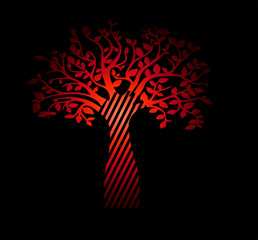 Red gradient tree of life on black background. Beautiful vintage sketch of a plant
