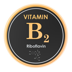 Vitamin B2, riboflavin. Circle icon, chemical formula, molecular structure. 3D rendering