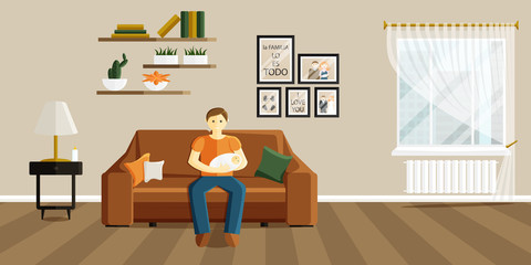 Vector Flat Illustration of Change of Gender Roles. Drawing of Man on Maternity Leave. Father Holds Baby and Sits on Sofa. Phrase in Spanish in Illustration means that family is everything