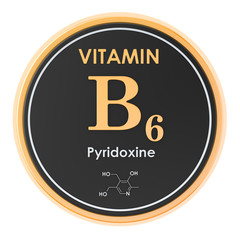 Vitamin B6, pyridoxine. Circle icon, chemical formula, molecular structure. 3D rendering