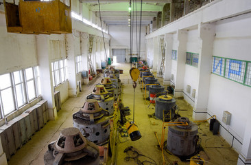 Engines of water pumps at a water pumping station. Pumping irrig