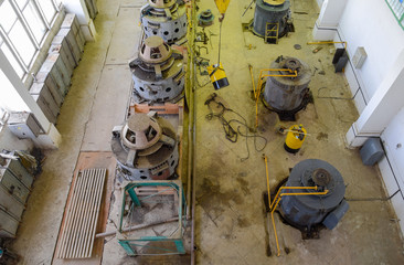 Engines of water pumps at a water pumping station. Pumping irrig