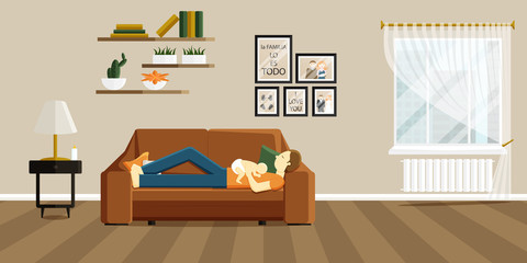 Vector Flat Illustration of Change of Gender Roles. Man on Maternity Leave. Father and Baby Sleeping Together on Sofa. Phrase in Spanish in Illustration means that family is everything