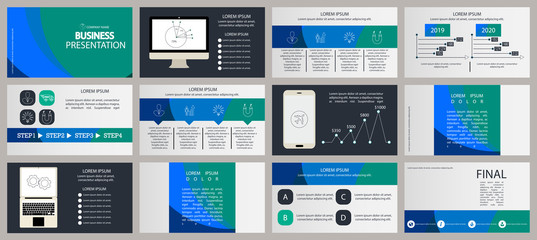 Blue green business presentation template. Elements for slide presentations on a white background. Flyer, brochure, corporate report, marketing, advertising, annual report, banner 