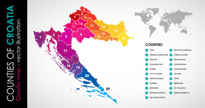 Vector map of Croatia and counties rainbow COLOR