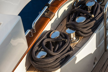 Chromed Bollard On Luxury Yacht. Closeup