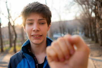 first person view of person bullying and threating to the boy b