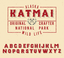 Wild life camp. Katmai national park. Original vintage. Retro style. Serif handmade font.