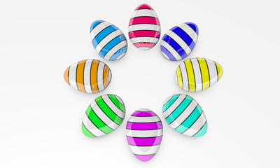 Obraz premium Illustration of a 3D render created as a result of a rendering of colored Easter eggs with a geometric pattern top view on a white background.