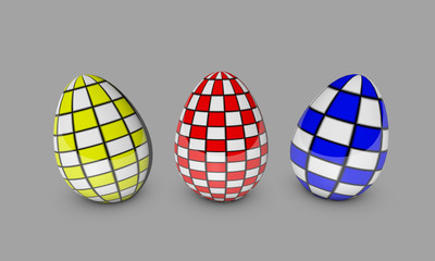 3D illustration of a rendered colored Easter eggs with a geometric pattern of front view on a gray background.