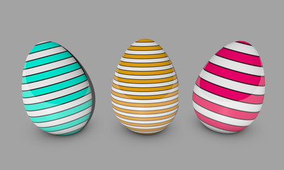 3D illustration of a rendered colored Easter eggs with a geometric pattern of front view on a gray background