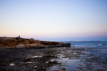 Fototapeta na wymiar Sea view bleu colored with sunset. 