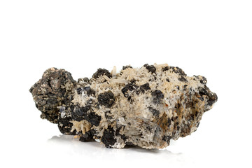 Macro stone mineral Pyrrhotite, quartz, Sphalerite, calcite, Galena on white background