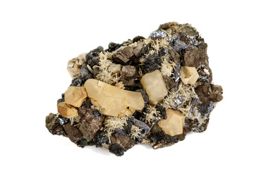 Macro stone mineral Pyrrhotite, quartz, Sphalerite, calcite, Galena on white background