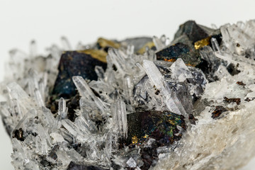 Macro stone mineral Pyrrhotite, quartz, Sphalerite, calcite, Galena on white background