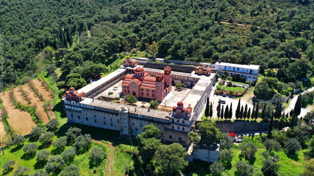 Aerial drone photo of popular Monastery of the Transformation or Metamorfosi Sotiros near village of Kouvaras, Attica, Greece