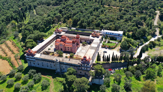 Aerial drone photo of popular Monastery of the Transformation or Metamorfosi Sotiros near village of Kouvaras, Attica, Greece