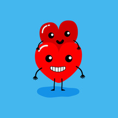 Happy Valentine's day card. feeling in love, piggyback. Two happy hearts character on blue background vector illustration. 