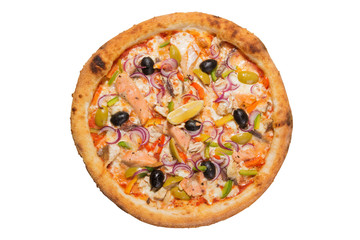 Italian pizza with seafood, flat lay on a white background