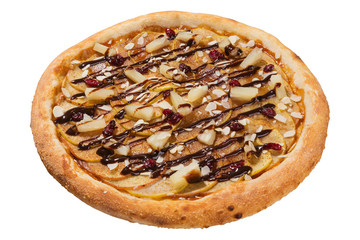 Italian sweet pizza with apples and pineapples, on a white background