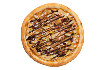 Italian sweet pizza with apples and pineapples, with nuts and chocolate drizzle, on a white...