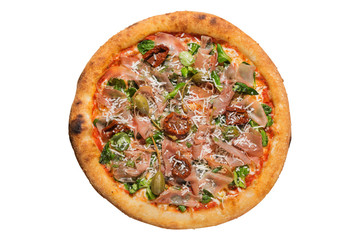 Italian pizza with prosciutto, flat lay, on a white background