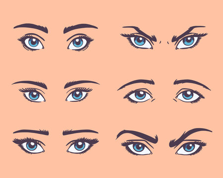 Various types of woman eyes with eyebrows. Set of vector eyes shapes. Comic style.